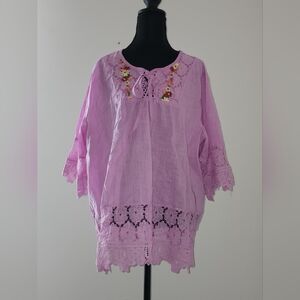 Purple Cotton Lace Embroidered Tunic Blouse 3/4 Sleeve 4XL Plus Size Women